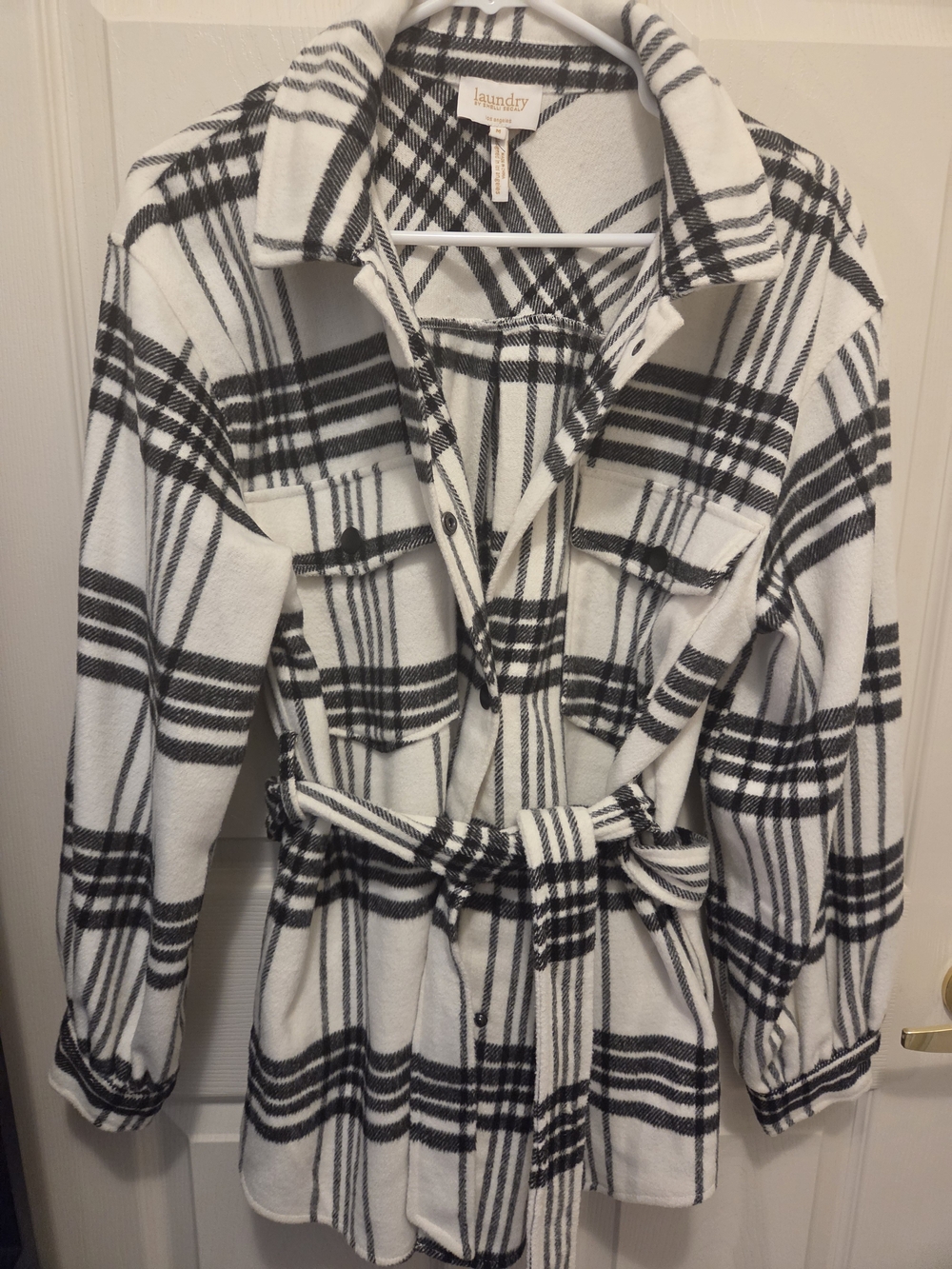 Laundry By Shelli Segal Black and White Plaid Belted Shacket